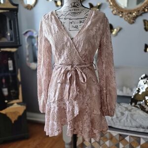 Cottagecore Blush Rose Lace Wrap Mini Dress Large